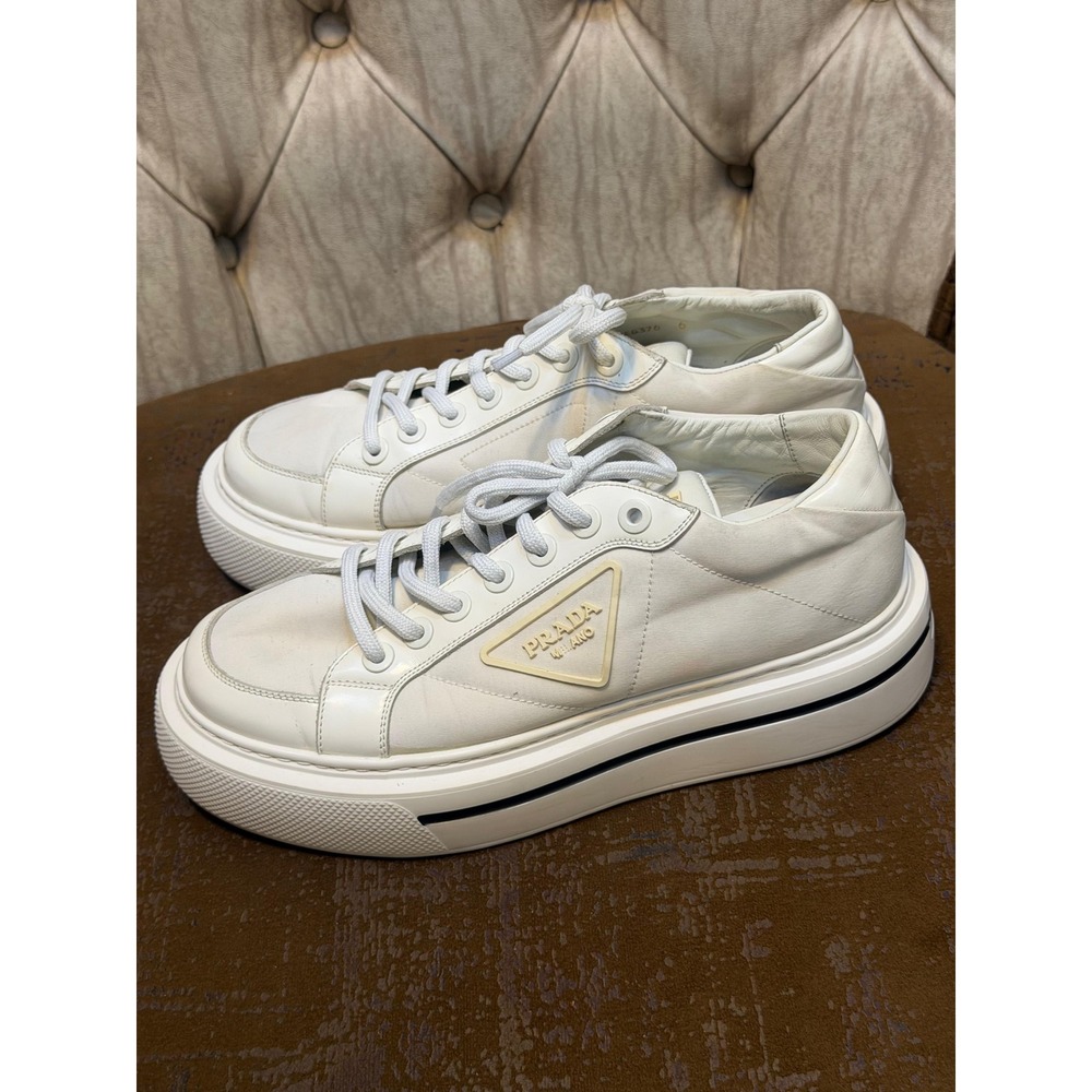 Prada Re-Nylon Platform Sneakers White Leather Low Top Trainers 2EG376 Mens 6